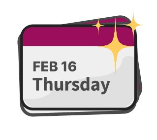 Card with February 16, Thursday on it.