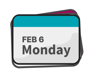 Card with February 6, Monday on it.