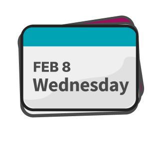 Card with February 8, Wednesday on it.