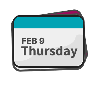 Card with February 9, Thursday on it.